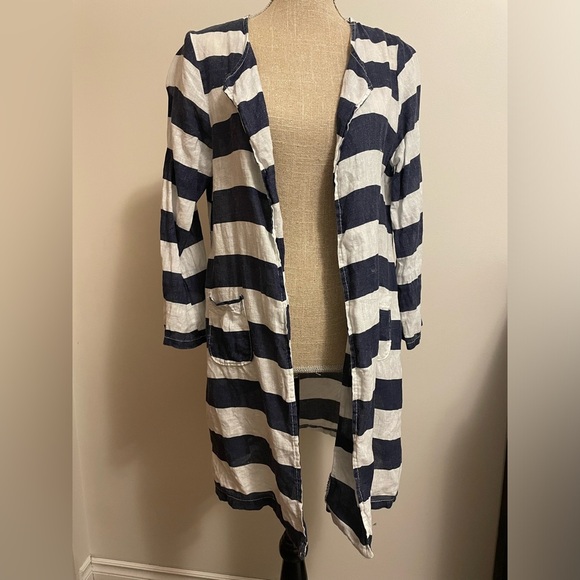 PURE VENICE- Blue Striped Linen coverup With pockets - Picture 1 of 5